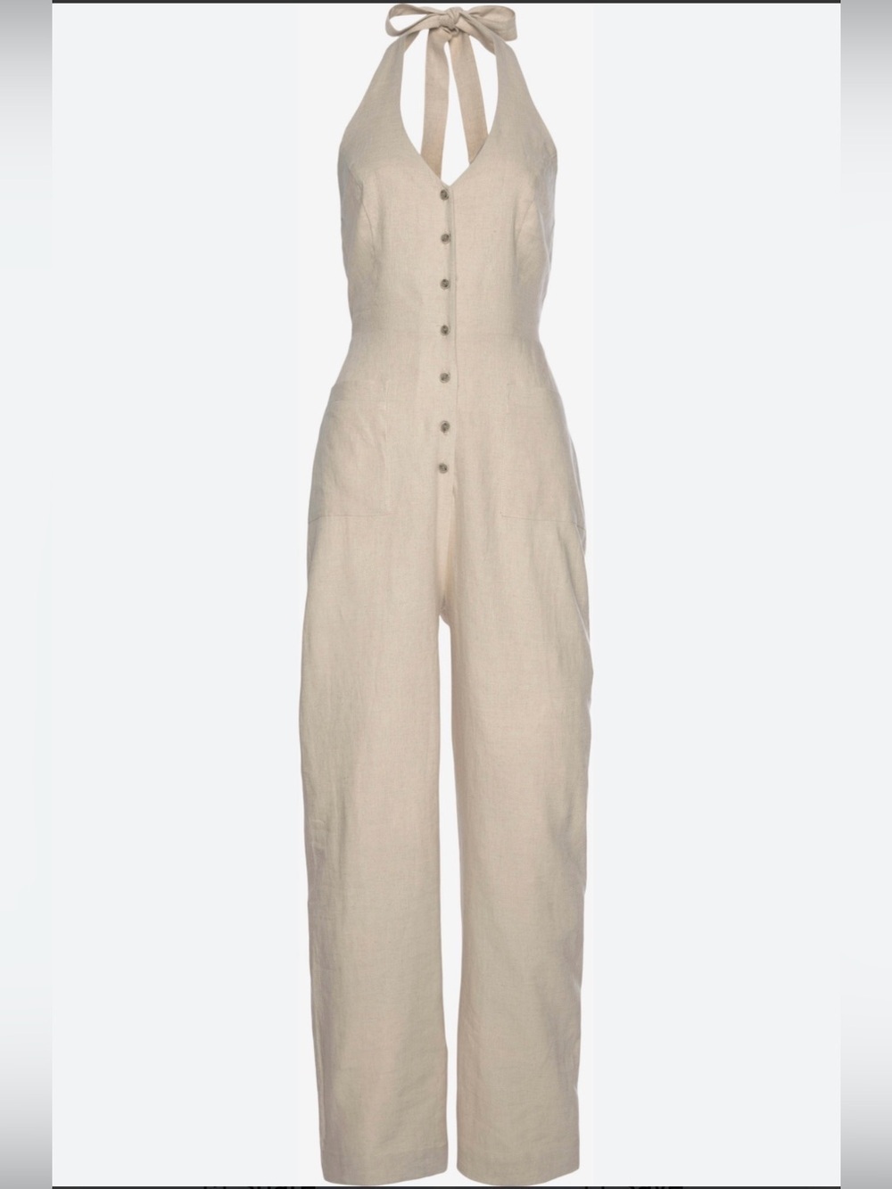 LASCANA Sand Linen Halter Button-Front Jumpsuit in Beige size 6. A1